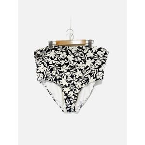 Lands' End Women's Plus Size Bikini Swim Bottom Cream Black Floral Size L 14/16